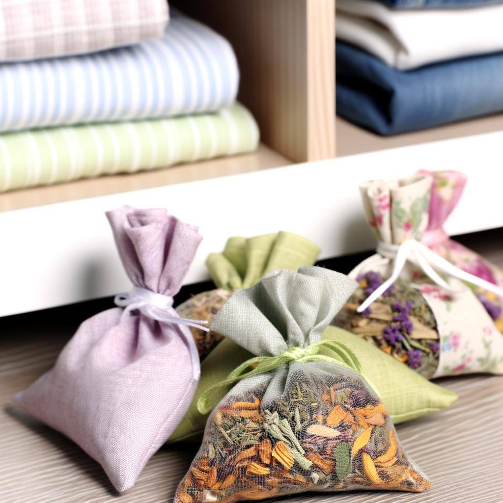 An image of homemade scented sachets filled with dried herbs, essential oils, and other natural ingredients to freshen closets and drawers